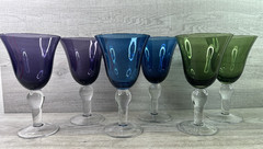 Lot Of 6 Handblown 8” Art Glass Wine Water Stemware 2-Purple 2-Green 2-Blue