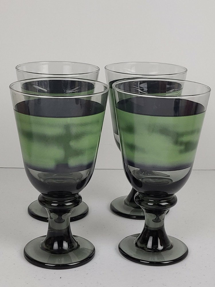 4 Libbey Rock Sharpe NOVA BROWN Green and Smokey Water Goblets 7″ Tall Glass EUC