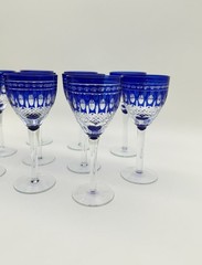 Vintage Akja Cobalt Blue Cut To Clear Tall Stem Wine Glasses Set of 10 6-3/4″