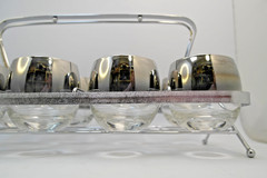 Vintage Roly Poly Glass Set of 8 with Caddy Dorothy Thorpe Style Silver Rim MCM