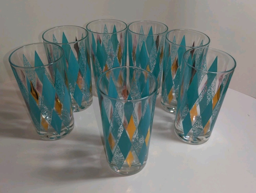 VTG Lex Kuznak Atomic MCM Turquoise & Gold Diamond High Ball Glasses (Set Of 7)