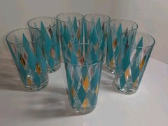 VTG Lex Kuznak Atomic MCM Turquoise & Gold Diamond High Ball Glasses (Set Of 7)