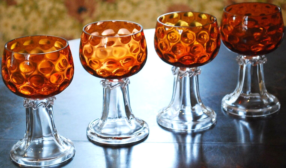 Set 4 Hand Blown ORANGE OPTIC COIN DOT GLASS Water Goblets EMPOLI ITALY 1960s