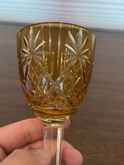 STUNNING VTG Amber Cut To Clear CRISS CROSS & FAN Wine Glass 7.5″H