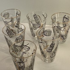 Six Libby glasses musical instruments black/white gold rim MCM retro Barware