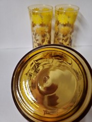 Vintage Libbey Amber Tumblers Yellow Brown Flowers Set of 3