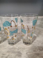 Vintage Federal Atomic Amoeba Boomerang Turquoise Gold Glasses Set of 6