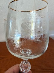 VTG Set of 3 Bohemia Crystal Queens Lace Wine Water Goblets Gold Rim Ball Stem