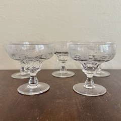 Vintage Set 5 Val St Lambert Vignes Crystal Tall Sherbet Champagne Glasses 4”H