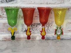 4 VTG Hand Blown Venetian Cadmium Multicolor Art Glass Cordial Set