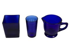 French Blue Cobalt Water Tumblers 10oz 6 Pcs W/ 1 Small Vase and 1 Small Pitcher