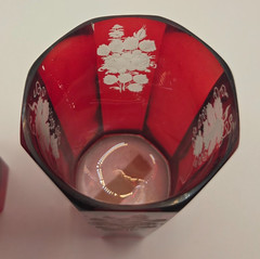 Antique Bohemian Ruby Red Faceted Glass Tumblers Pair Engraved Floral 1800s