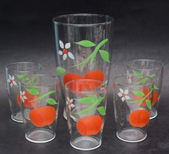 VINTAGE 6 PIECE TROPICANA MILK MAN BARTLETT ORANGE JUICE SET GLASSES WITH CARAFE