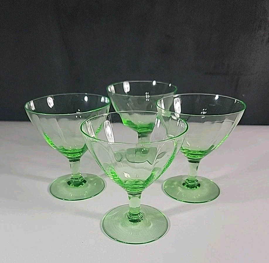 4-Vaseline Uranium Glass Champagne Sherbert Depression Era Stemware 1 Pc Chipped