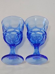 2 Fostoria Argus Blue Wine Glasses 1980s thumbprint goblets glass stemware decor
