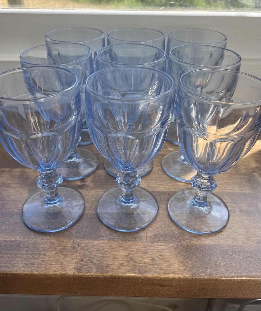 Lot 9 Vintage Libbey Duratuff Gibraltar MISTY BLUE 10 oz Wine Water Goblets