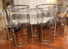 7 Vintage Mid-Century Modern Glass Silver Striped High Ball Tumblers 5 .5 X 2.5”