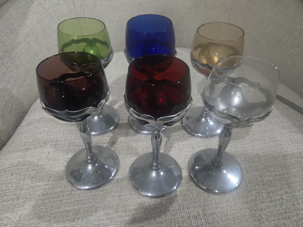 SET OF 6 Vtg. Farber Bros Krome Kraft Multi-Colored Cambridge Glass Clarets