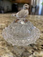 Vintage Crystal Miniature Bird Trinket Ring Box Jewelry Dish Round Lid Footed