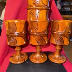 19th Century Turned Wood Treen Ware Goblets Raised Cups Primitive Set of 4