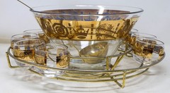 Culver Punch Bowl Fleur-De-Lis 10 Roly-Poly Glasses Metal Stand & Ladle 22K Gold