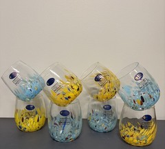 Murano Art Glass Tumblers Set of 8 White Cristal Blue Yellow Confetti Made Italy