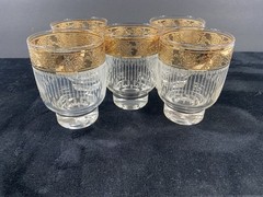 Culver Tyrol Footed Set If 5 Tumbler Rocks Glass With Gold Trim