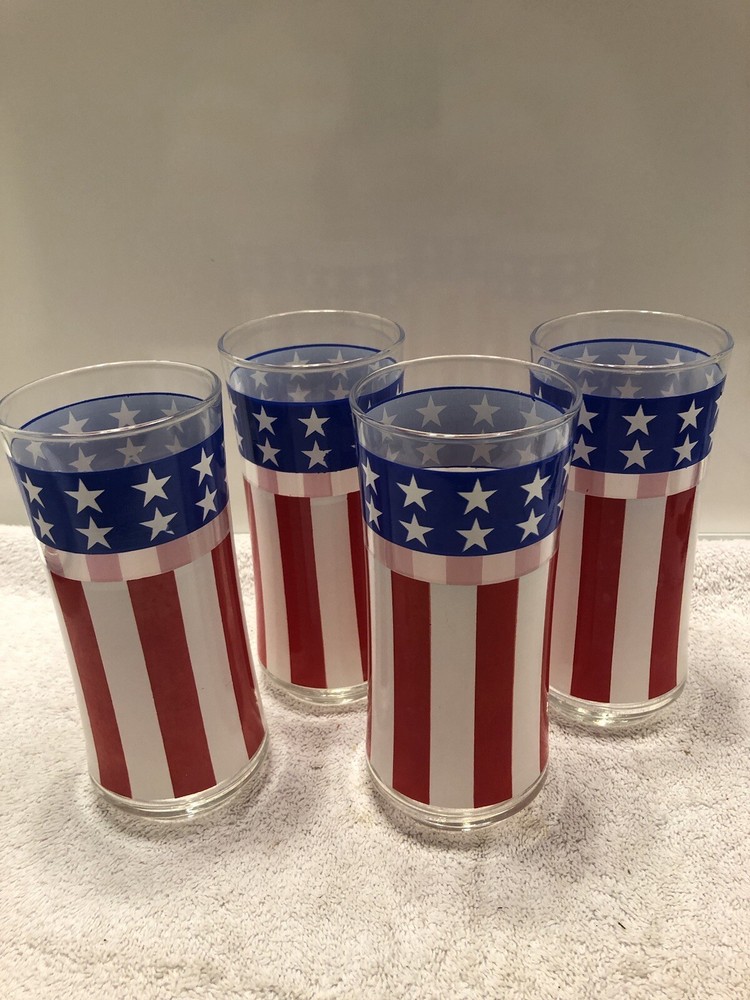 Set 4 LIBBEY Red/White/Blue American Flag 4th of July Patriotic Drinking Glass