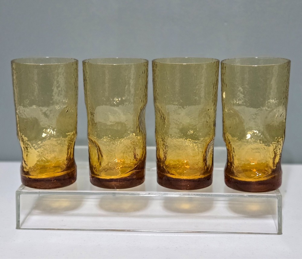 4 Morgantown THUMBPRINT Amber Glass Tumblers Textured Dimpled Pinched 6″ Golden