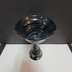 Art Pottery Challis Tall black spotted Artist Signed goblet cup tall blue WHIMSY