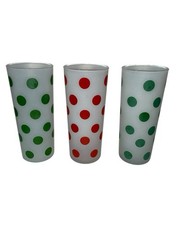 Set Of 3 Anchor Hocking Iced Tea Red & Green Polka Dot Frosted Glass Tumbler MCM