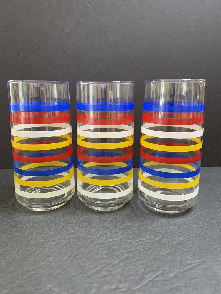 3 Retro Drinking Glass Fiesta Stripe Tumblers Blue Red White Yellow