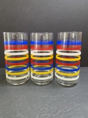 3 Retro Drinking Glass Fiesta Stripe Tumblers Blue Red White Yellow