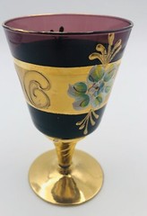 Bohemian Czech Amethyst Art Glass Goblet – Gold Enamel Floral Hand Painted