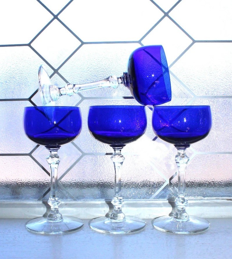 4 Vintage Cobalt Blue Cocktail Glasses 1930s Louie Glass Co.