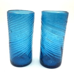 VTG Hand Blown Aqua Blue Art Glass Tumblers Pair Spiral Swirl Drinking Glasses
