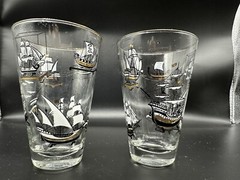 set of 2 MCM sailing ships with gold detail barware tumbler glasses
