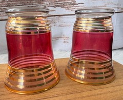 Vintage Set of 6 Cordial Liqueur Glasses 3 1/8 Cranberry Pink Flashed, Gold Gilt