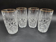 Set Of 4 Gorham “Lady Anne” Gold Rim Crystal Highball Tumbler Glasses 6”
