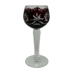 Vintage Bohemian Crystal Wine Goblet Hand Cut Dark Garnet Ruby Red Floral Design