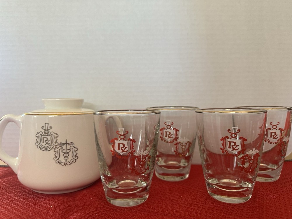 Vintage Libbey Rx/Pharmacy/Apothecary Glasses Set Of 4 and Sugar bowl with lid