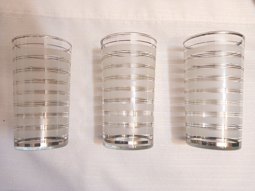 3 Vintage Highball Glasses -1940s. White etching, silver striping. Unique find!