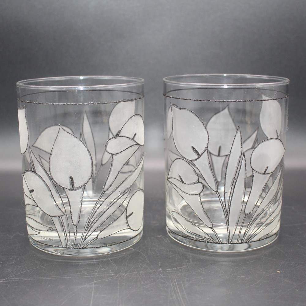 Vintage Culver Frosted Calla Lily Black Double Old Fashioned Rock Glass Set of 2