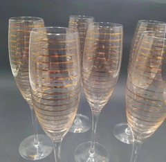 6 FABBIAN 98 Italian Champagne Flutes Gold Spiral Stripe MCM Murano Style Design