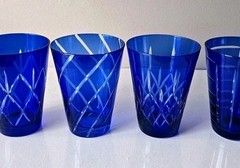 4 Cobalt Blue Cut To Clear Glasses Tumblers All Different Cut Patterns 4.75″