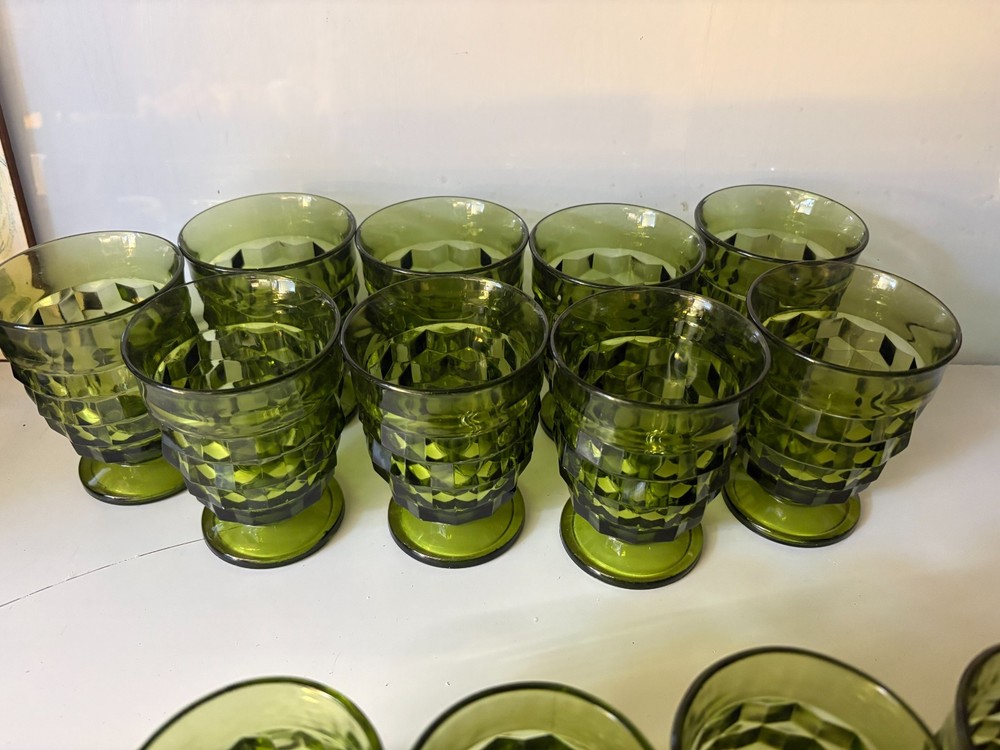 Vtg Indiana Glass Whitehall Cubist Avocado Green Footed Tumbler JUCIE GLASSES