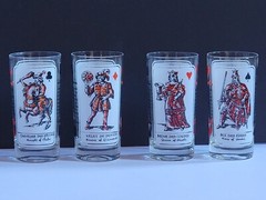 RARE VINTAGE PLAYING/TAROT CARD W/ SUIT MEANINGS GLASS TUMBLERS LOT OF 4