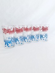 Vintage Federal Glass Drinking Glasses (5) Tumblers- Red White Blue Bows & Dot