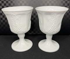 Set of 2 Milk Glass Footed Pedestal Paneled Goblet Grapes & Leaves Indiana Glass