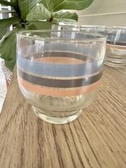 Vintage MCM Set Of 6 Striped Blue And Pink Glasses/cups- Approx Height: 3.5in